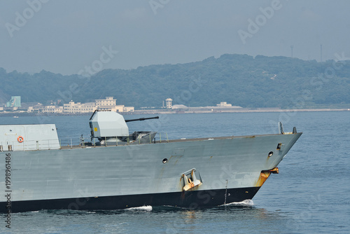 Royal Navy 4.5 inch Mk 8 naval gun on warship.
