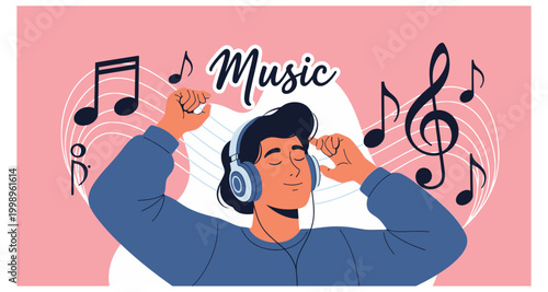 person listening to music with headphones on transparent background