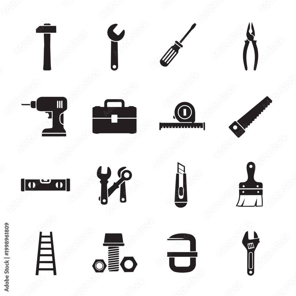 Fototapeta premium Construction repair tools silhouette icon set vector