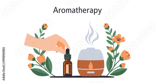 aromatherapy scene with essential oil bottle and diffuser on transparent background