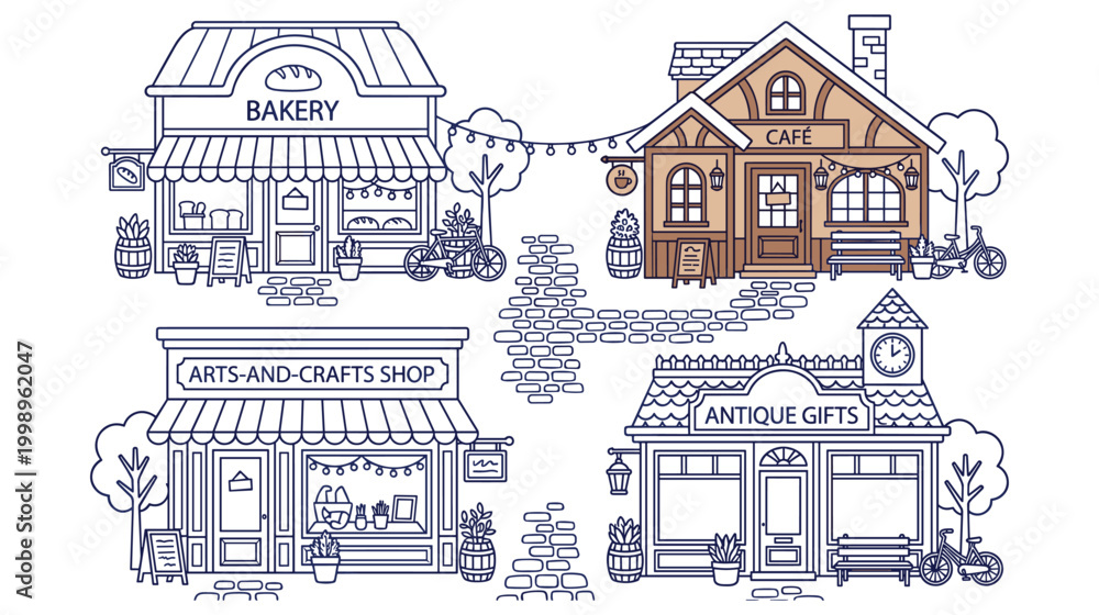 Fototapeta premium Shop buildings facade set in line art style with vintage town street design.