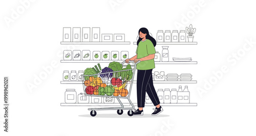 Obraz na płótnie woman shopping with grocery cart on transparent background