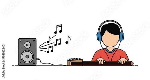 musician playing xylophone with headphones on transparent background