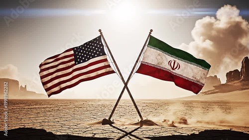 United States and Iran flags crossed in desert landscape beneath bright sun and scattered clouds, symbolizing interaction, rivalry, and complex relations in a dramatic neutral setting.