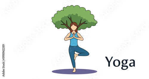 woman practicing yoga tree pose with tree head on transparent background