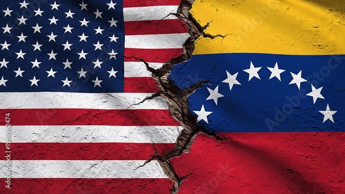 United States and Venezuela flags split by a deep crack, symbolizing division, political discord, and strained diplomatic relations in a dramatic, visually striking composition.