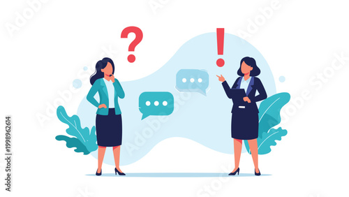 Two business women engaged in a conversation with speech bubbles and symbols representing questions and answers in professional communication.