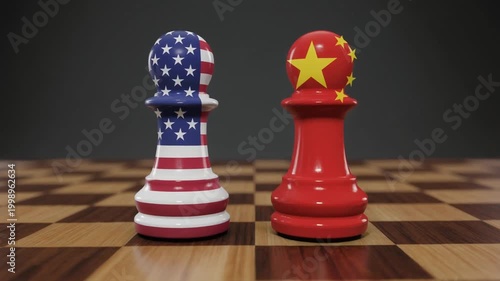 Chess pawns painted with United States and China flags face each other on a board, symbolizing strategic rivalry, competition, and geopolitical tension in a symbolic contest.
