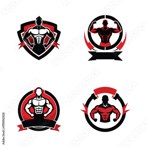 Fitness Gym Logo Set Bodybuilder Mascot Emblem Pack.