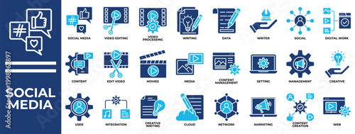 Social Media icon set collection. Containing operation, collaboration, communicate, creation, movie, cinema, insurance .Solid vector icons collection