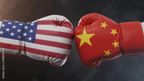 Boxing gloves painted with United States and China flags face off in confrontation, symbolizing rivalry, competition, and geopolitical tension under a stark, dramatic dark background.