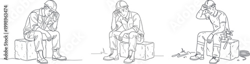 Exhausted construction worker line art illustration set for burnout mental health awareness and business concepts