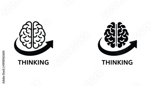 Thinking brain with circular arrow icon set featuring outline and solid black silhouette graphics for cognitive process or mental health awareness design