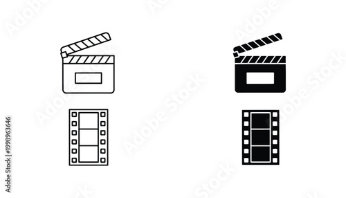 Clapperboard and film strip icon set in minimalist black and white vector style for cinema production and movie industry branding