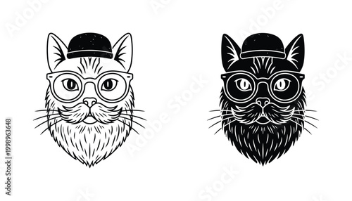 Hipster cat head with mustache and bowler hat icon set in minimalist black and white vector style for trendy pet branding