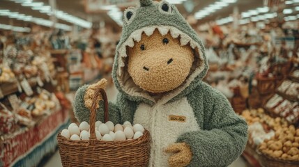 Person wearing dinosaur costume holding basket of eggs in grocery store, humorous moment