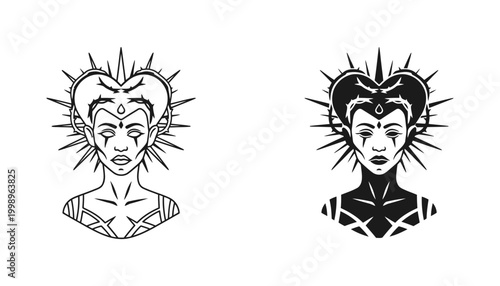 Gothic queen portrait icon set with thorns and halo in outline and solid black style for dark art