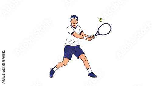 Energetic male tennis player in a white and blue sports uniform performing a backhand stroke to hit a yellow tennis ball.