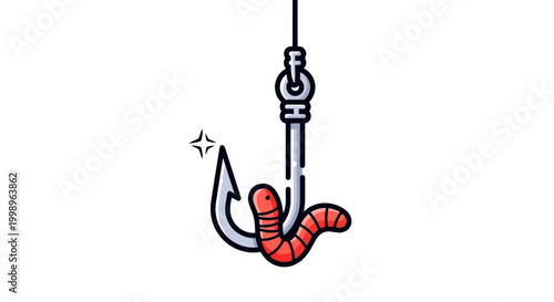 Fishing hook with worm bait, sparkling, close-up, isolated on white background