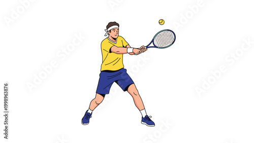 Young male tennis player in a bright yellow shirt and blue shorts focused on hitting the ball with a powerful two-handed stroke.