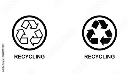 Recycling symbol flat vector icon set featuring universal eco friendly waste management signs in outline and solid black silhouette styles isolated on white background