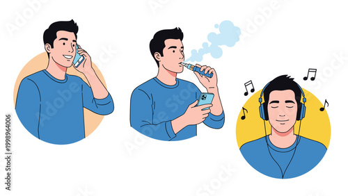 Young man displays various modern habits including talking on a smartphone, using an electronic cigarette, and listening to music.