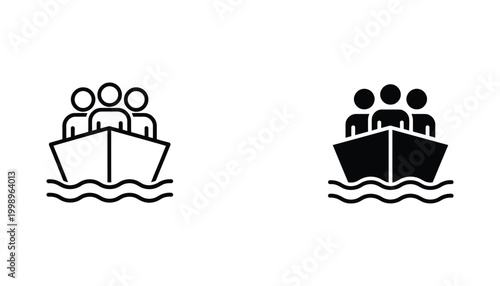 Group of people on boat flat vector icon set featuring minimalist outline and solid black silhouette styles for maritime travel and nautical tourism design elements on white background