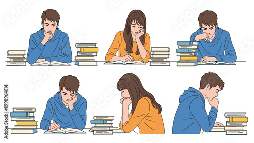 Collection of six illustrations showing young male and female students intensely focused on studying and reading stacks of books.