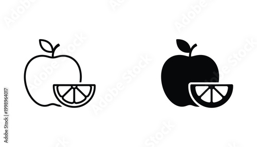 Fresh apple fruit icon with citrus slice detail in outline and solid black vector format for healthy eating and nutrition design projects