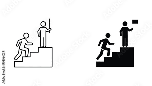 Success achievement icon featuring a person climbing stairs to reach a goal with a flag in outline and black silhouette graphic styles