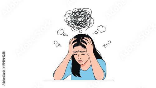 Stressed woman holds her head in frustration while a chaotic scribble cloud represents her overwhelming thoughts and anxiety.