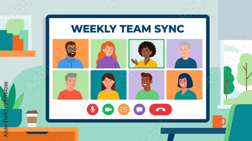 Remote team meeting on computer screen.