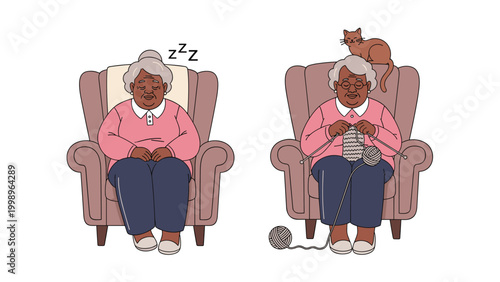 Elderly woman is depicted in two scenes, one where she sleeps peacefully and another where she knits with her pet cat.