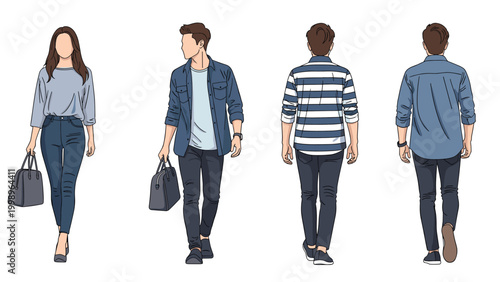 Sequence of people shown from various perspectives including front, side, and back views to demonstrate fashion and movement.