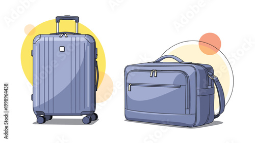 Pair of stylish blue travel bags including a large hardshell rolling suitcase and a matching softsided overnight duffel bag.