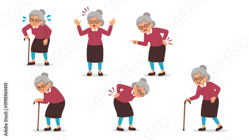 Character sheet of an elderly woman experiencing different levels of back pain and discomfort while using a walking stick.