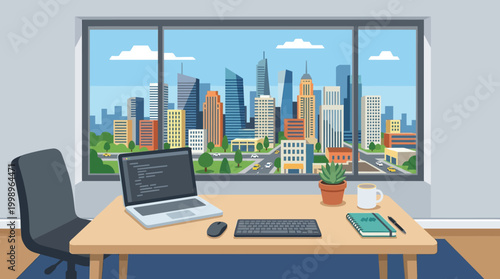A modern office desk with city view.