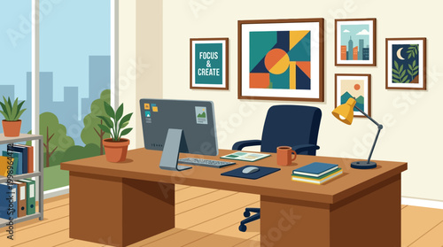 A modern office workspace with desk and computer.