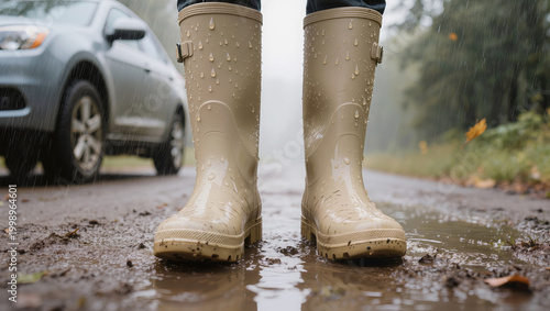 Person wearing beige rubber boots standing in a muddy puddle on a rainy day near a car. Concept of waterproof footwear, autumn weather, outdoor activities, travel, and rainy day fashion