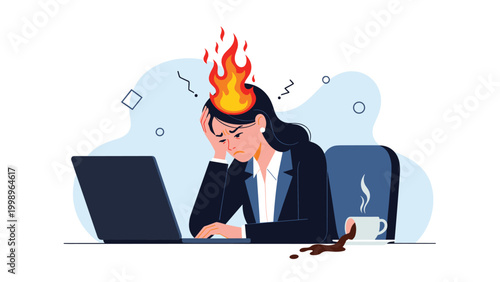 Overworked businesswoman sits at her laptop with a literal fire on her head to represent extreme stress and burnout.