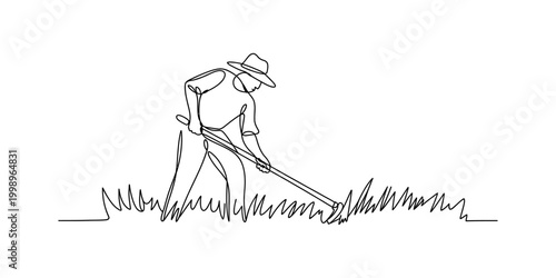 Farmer in hat working with rake in grass, continuous line drawing Vector, illustration