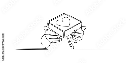 Hands holding a gift box with a heart shape, continuous line drawing Vector, illustration