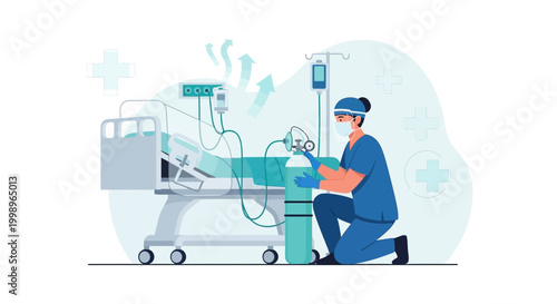Medical professional attending to patient on ventilator with oxygen tank in hospital room
