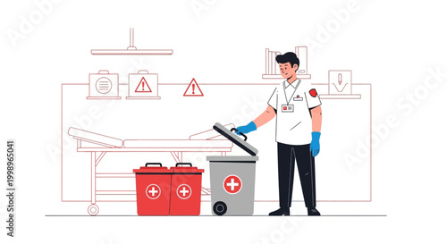 Medical professional disposing of waste in a clinic, healthcare waste management