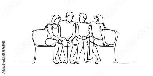 Four friends sitting together on a bench, one arm around another, drawn in a continuous line style Vector, illustration