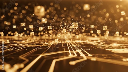 Abstract digital network flow of golden particles on a dark background, representing technology and data transfer with glowing lines