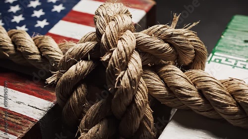 Thick rope knot binds United States and Iran flags together, symbolizing tension, fragile connection, and complex diplomatic ties under a cloudy, uncertain atmosphere of international relations.