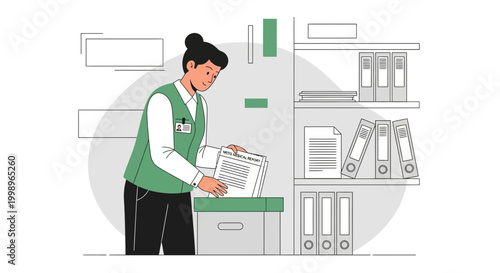 Office worker organizing documents in a filing cabinet, data management concept