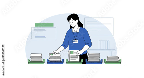 Office worker sorting documents at desk, paperwork organization, administrative tasks, business workflow