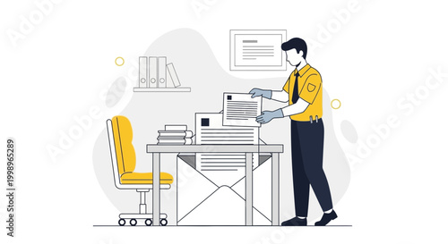 Office worker shredding documents, data security concept, clean office workspace